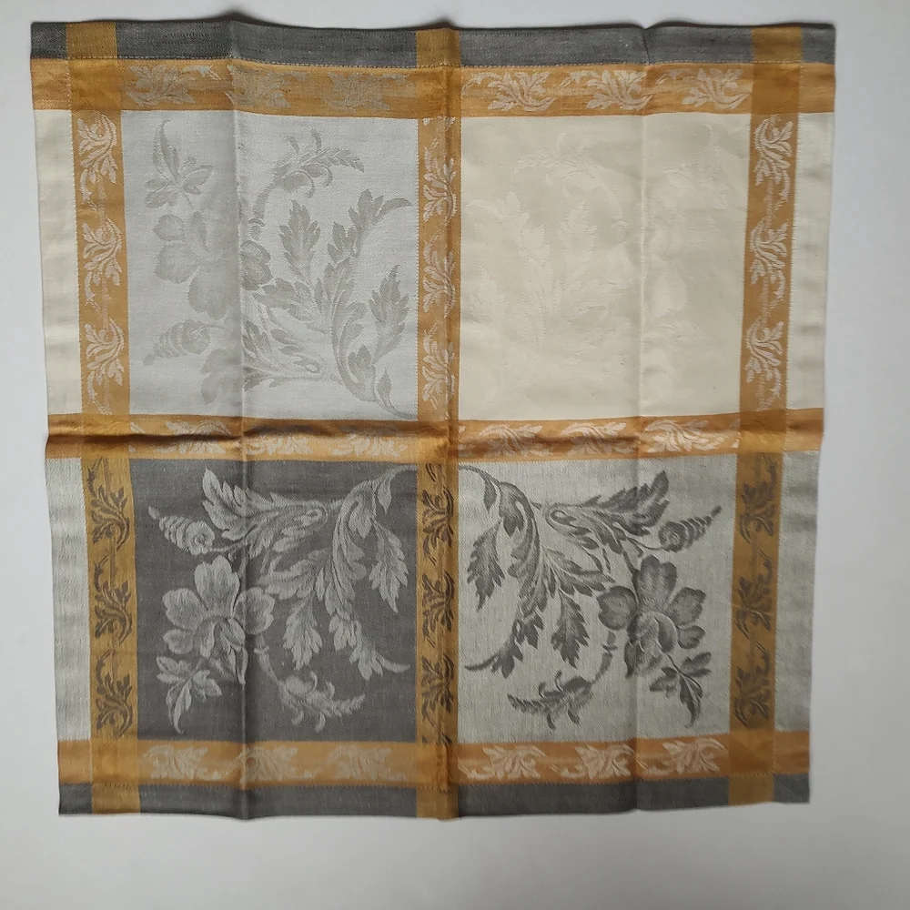 Williams Sonoma Villa 4 Napkins Jacquard Grey Yellow Beige Cream Cotton Linen